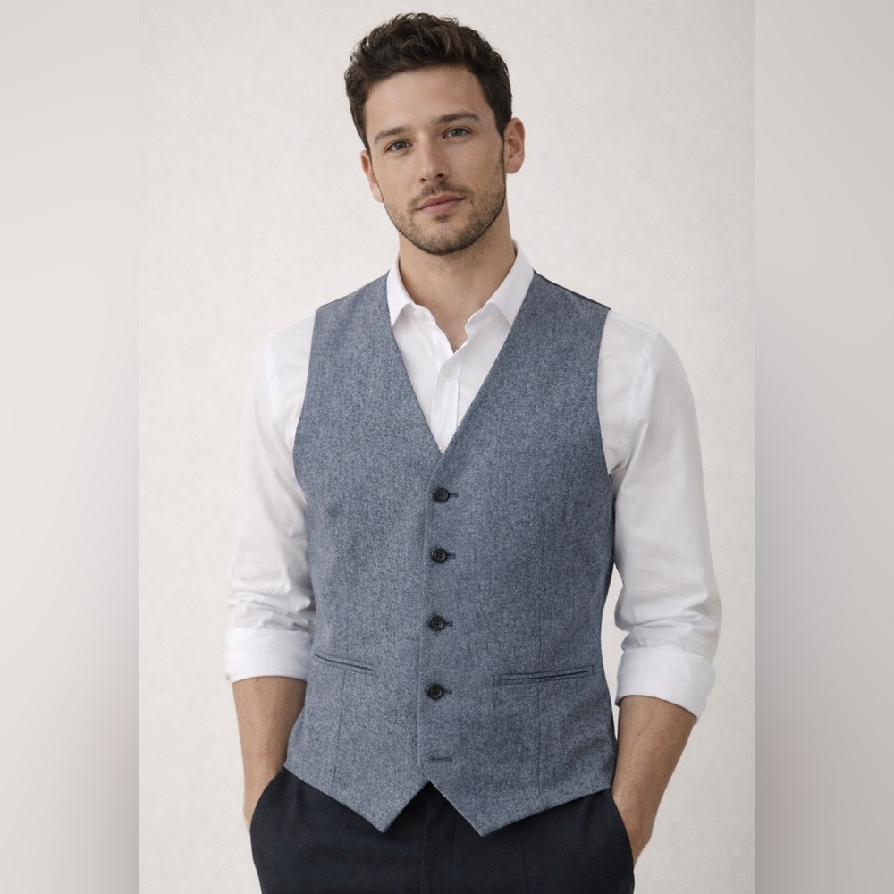 Topman Grey & Black Button Front Wool Vest